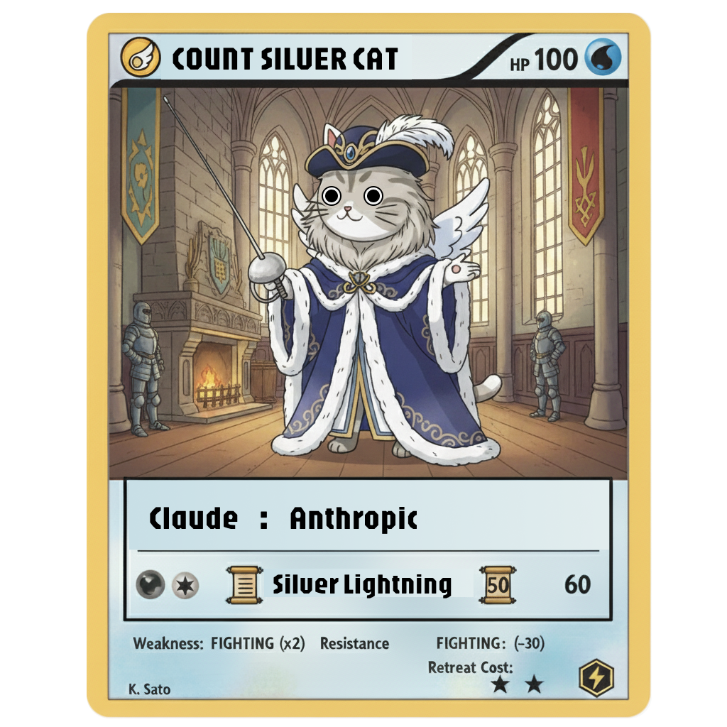 ４つの主要AI勢力の一つ、Anthropicの主要AI・Claudeのカード：長文処理や論理性に強く、企画構成や文章作成に向いている。キャラクターは銀の伯爵タイプ。