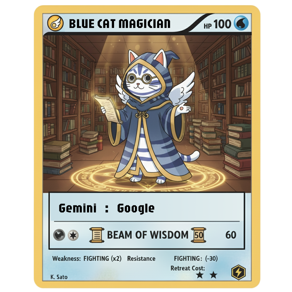 ４つの主要AI勢力の一つ、Googleの主要AI・Geminiのカード：情報整理や検索連携に優れた理系タスク向き。キャラクターは青い魔法使いタイプ。