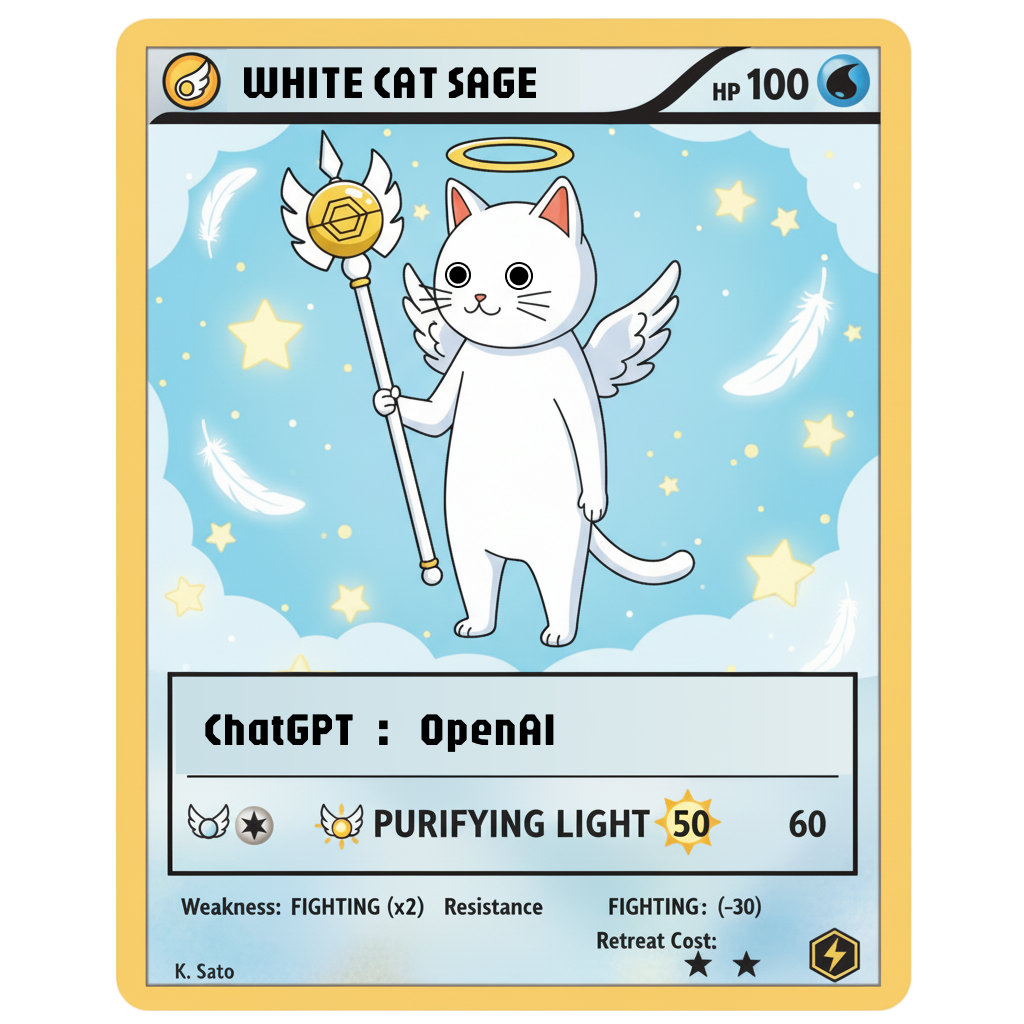 ４つの主要AI勢力の一つ、OpenAIの主要AI・ChatGPTのカード：文章生成・会話・汎用タスクに強い白い賢者タイプ。
