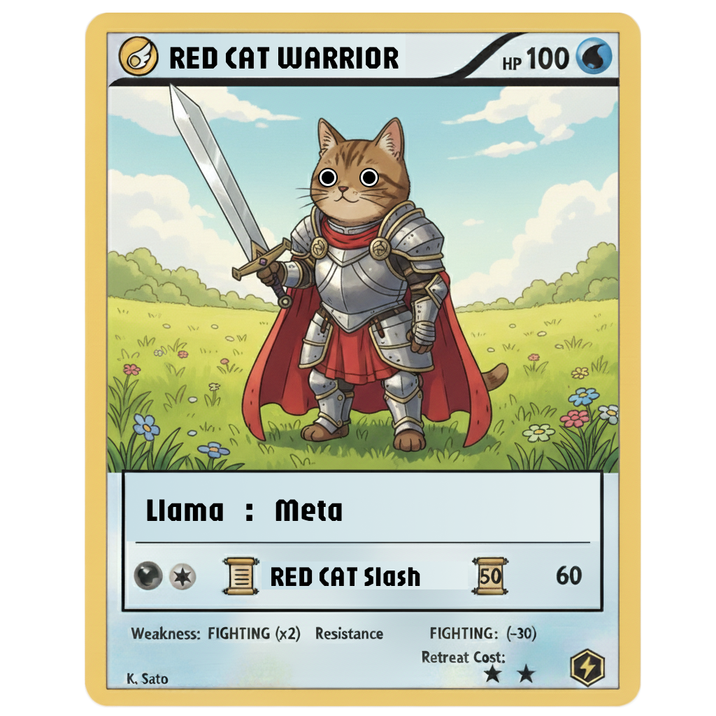 ４つの主要AI勢力の一つ、Metaの主要AI・Llamaのカード：自然な対話と高精度文脈理解に優れたオープンソース型。キャラクターは赤い戦士タイプ。